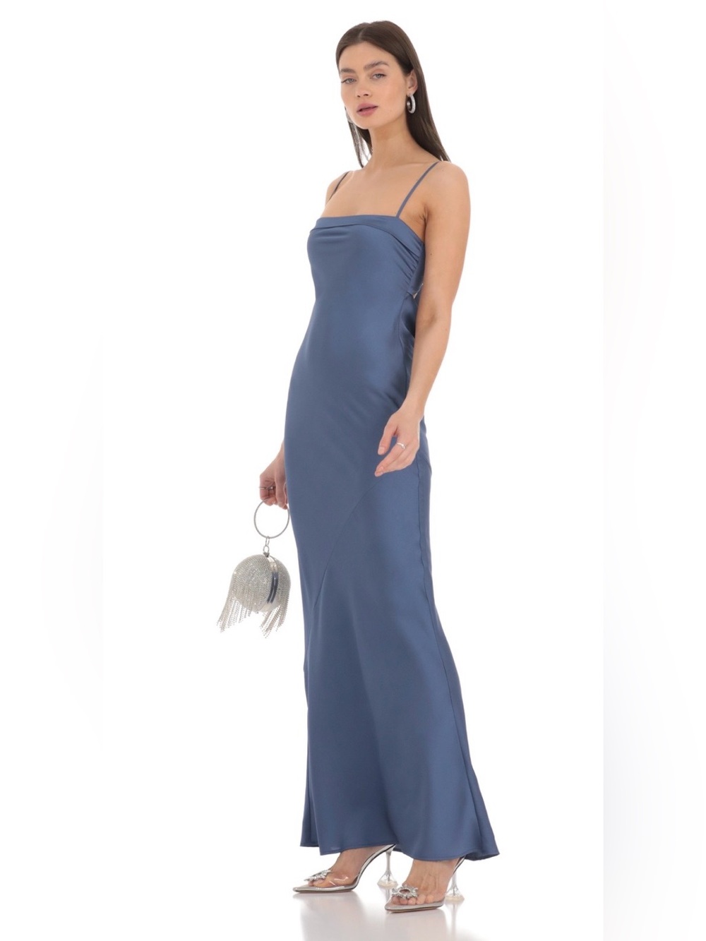 Satin Slip Evening Dress in Slate Blue